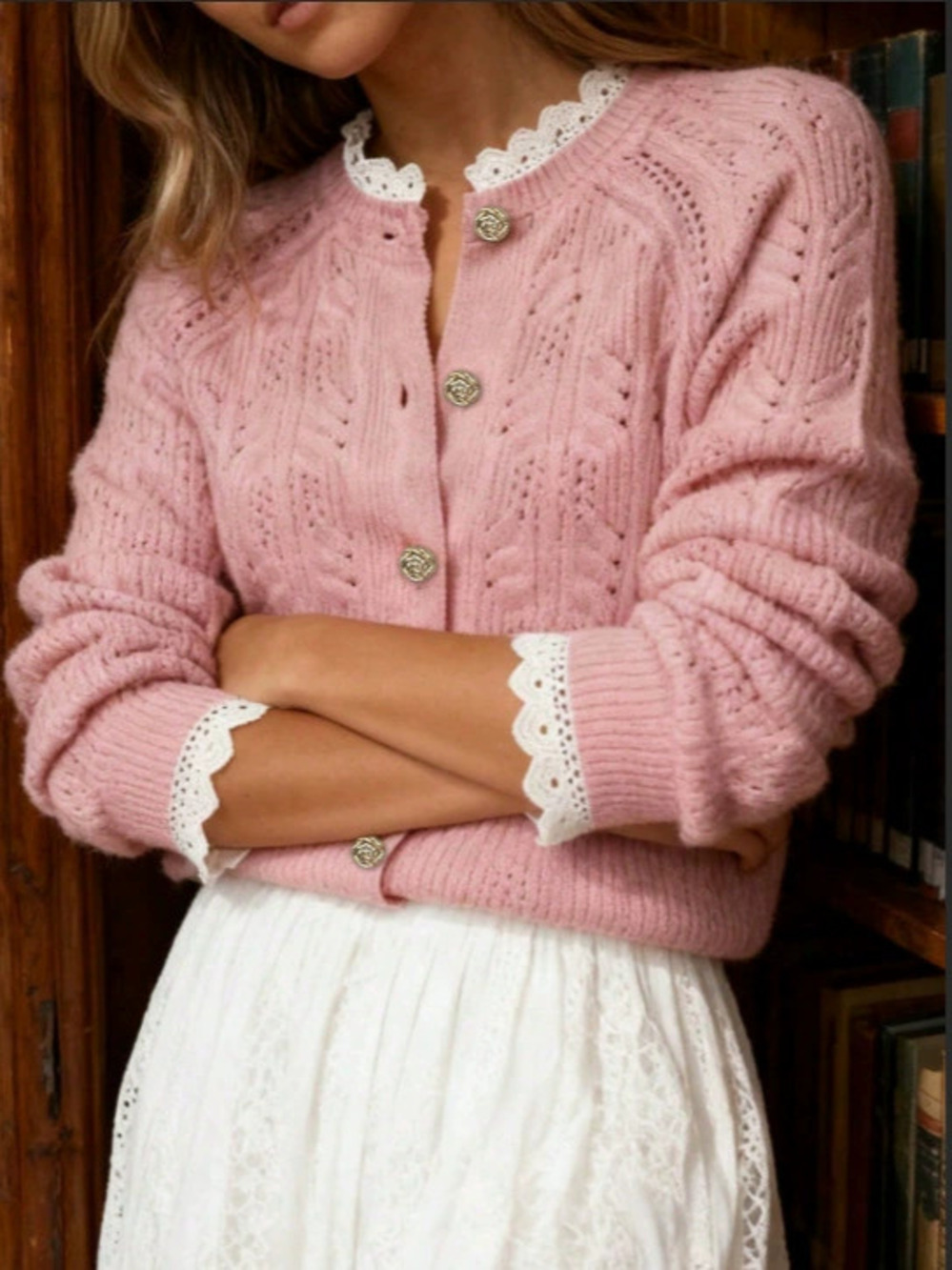 ZARA French Color Block Lace Trim Knit Cardigan Loose Youthful Cute Fall Winter